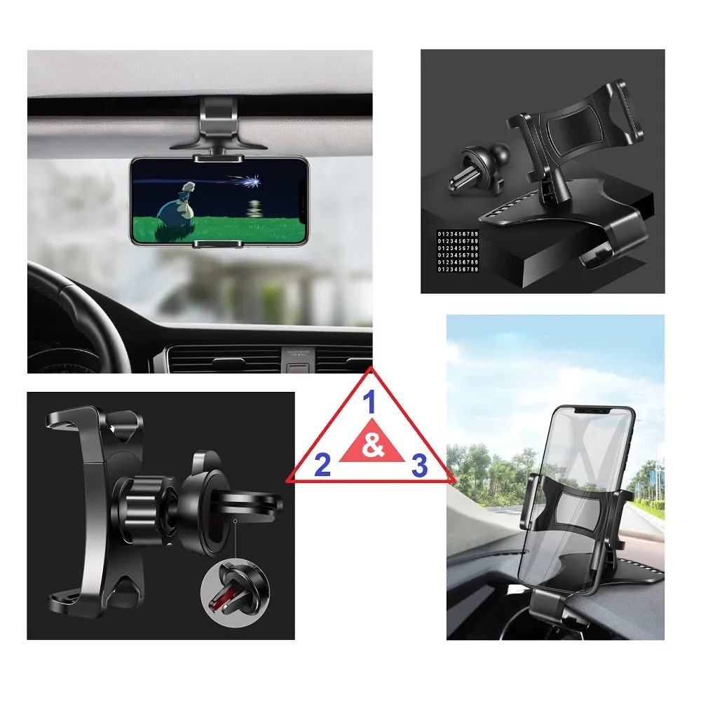 3 in 1 Car GPS Smartphone Holder: Dashboard / Visor Clamp   AC Grid Clip for Sharp Aquos R2 - Black