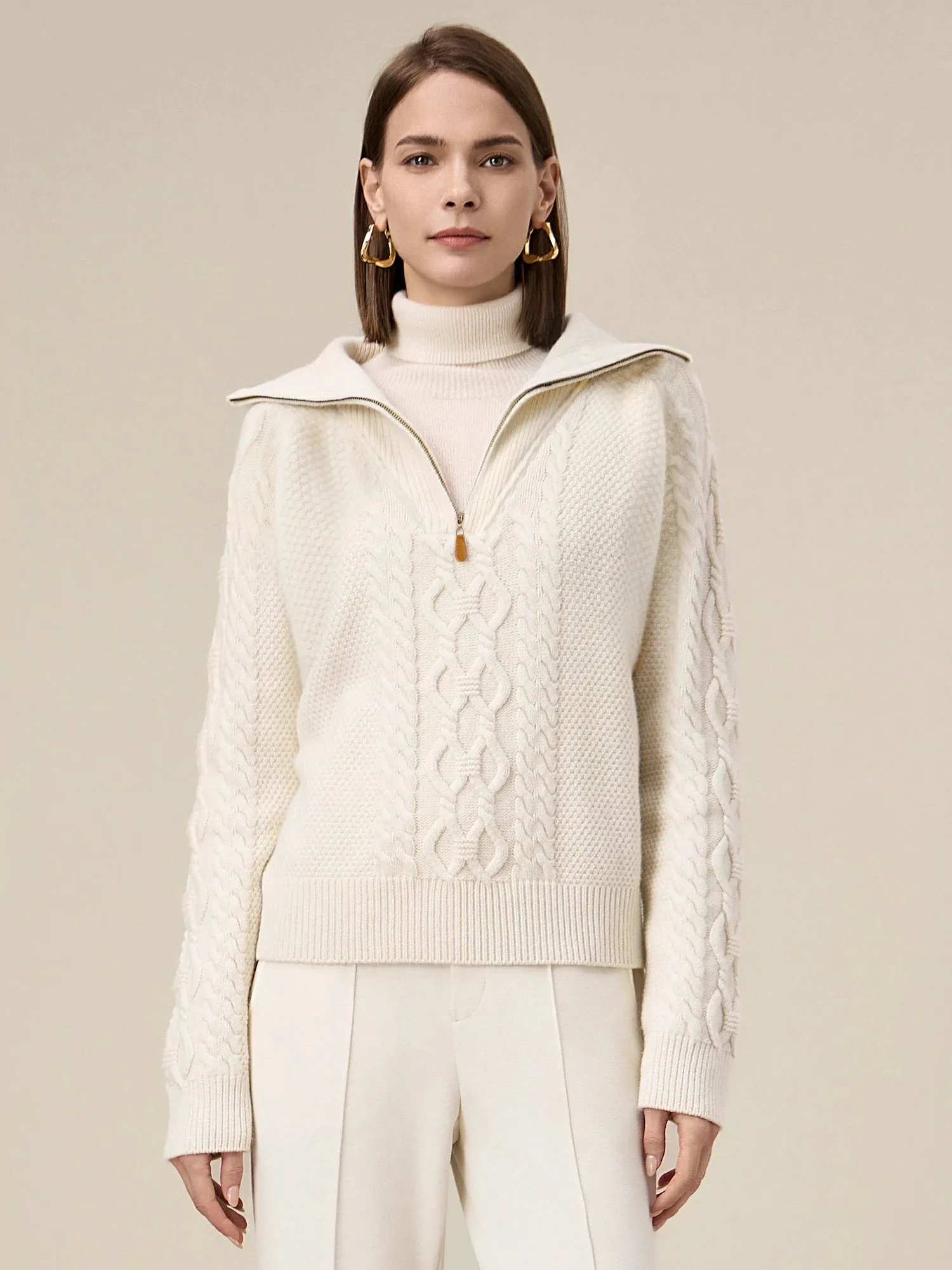 Amoretu Women's 100% Wool Stand Collar Cable Knit Sweater