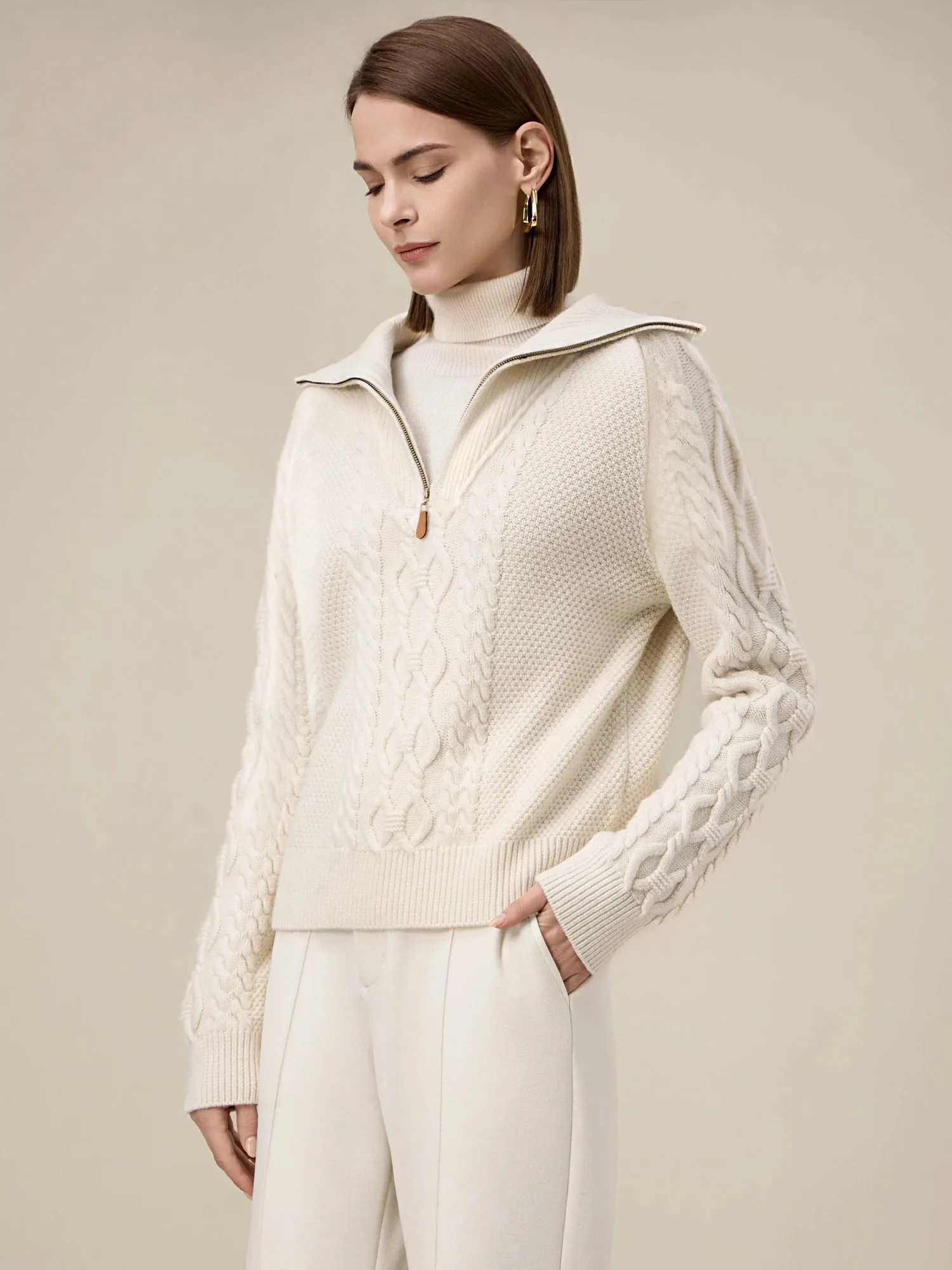Amoretu Women's 100% Wool Stand Collar Cable Knit Sweater