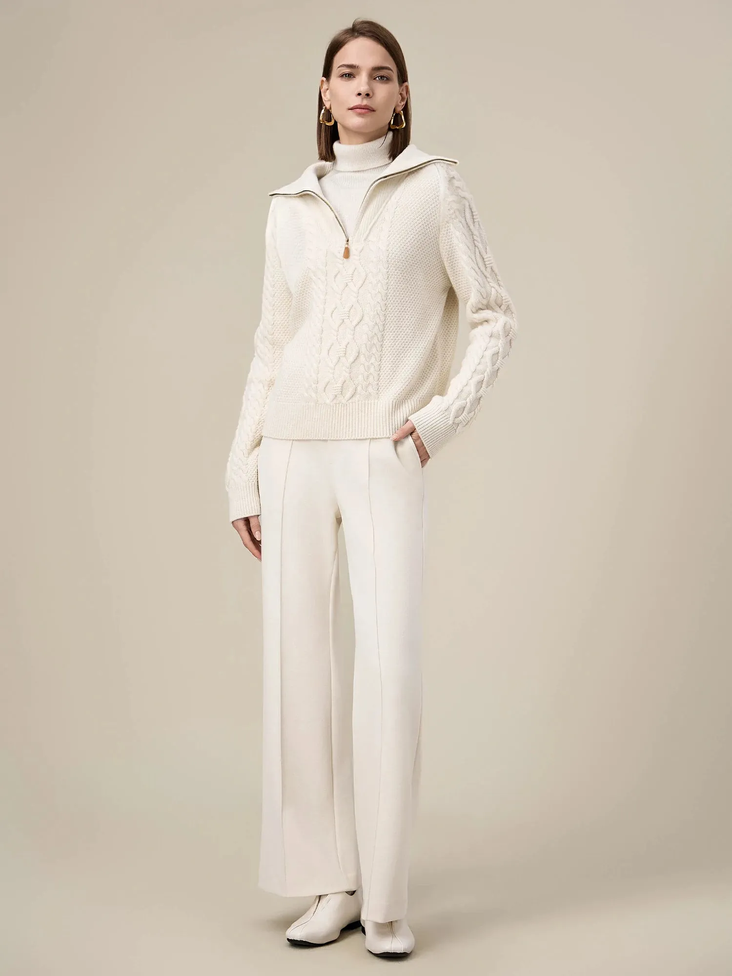 Amoretu Women's 100% Wool Stand Collar Cable Knit Sweater
