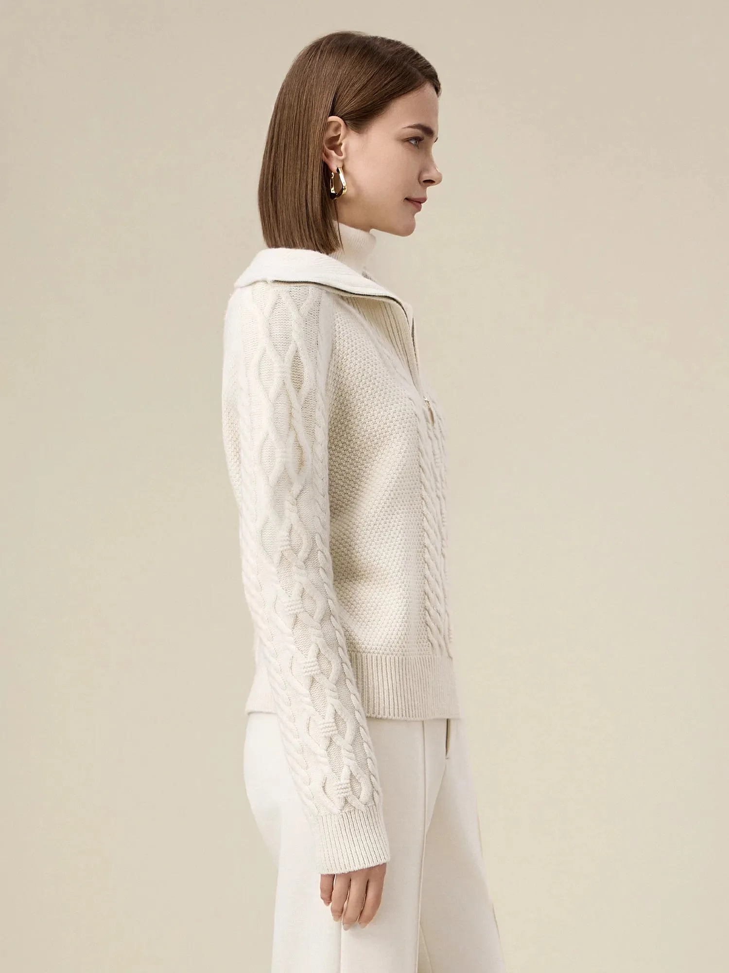 Amoretu Women's 100% Wool Stand Collar Cable Knit Sweater