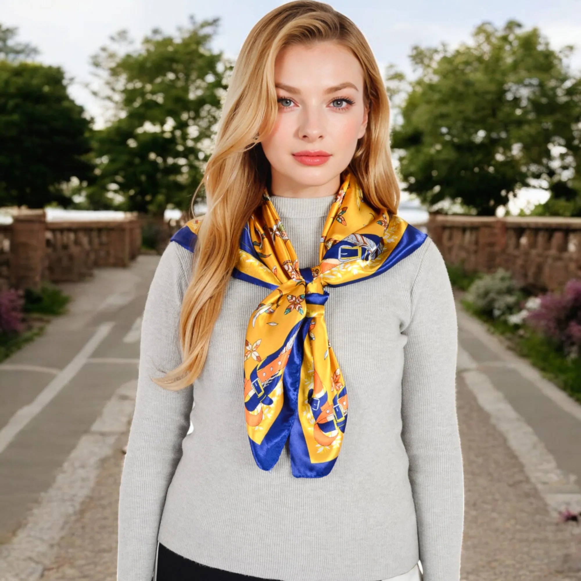 Anna-Kaci Women's Vintage-Inspired Satin Square Scarves with Vibrant Patterns and Bold Feather and Butterfly Motifs
