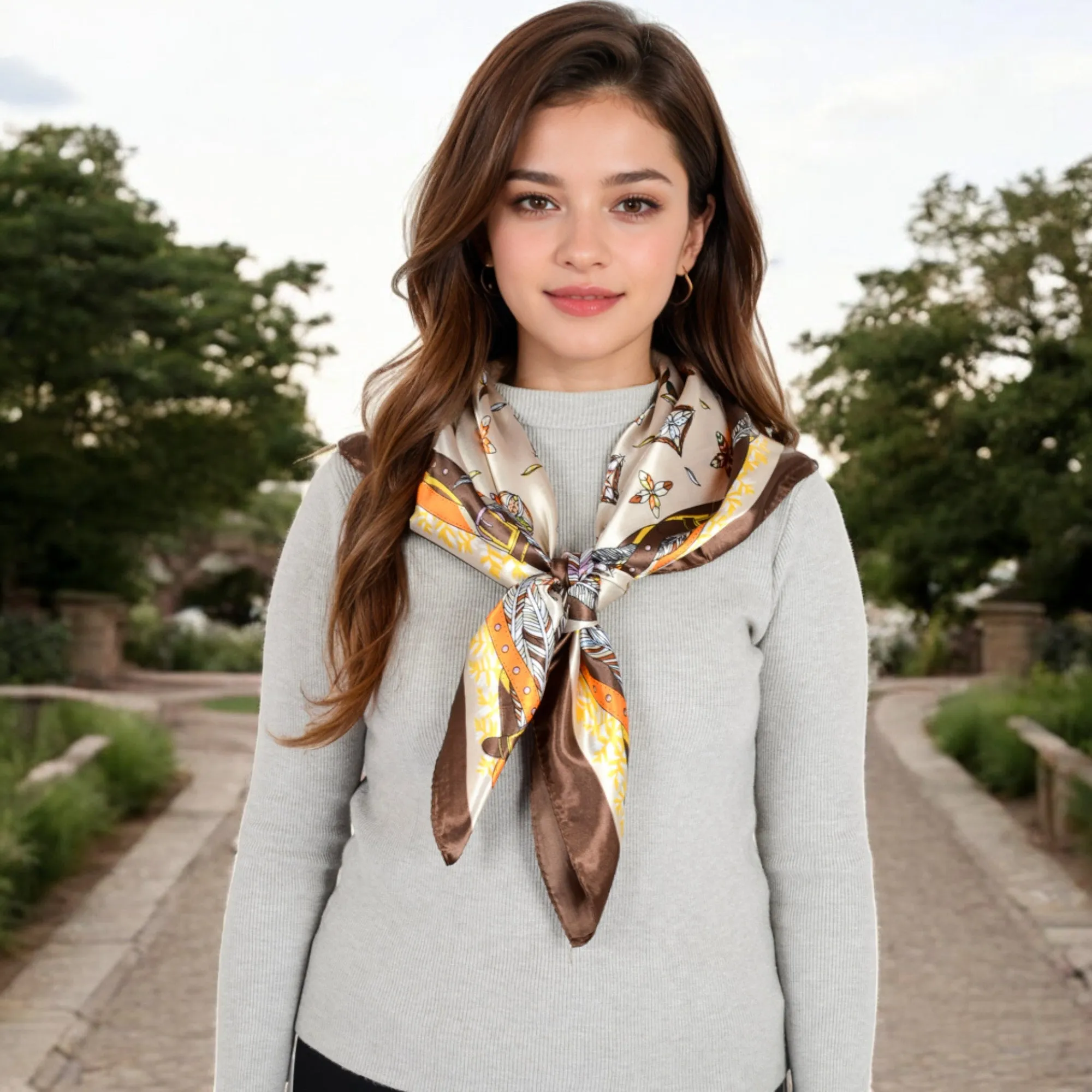 Anna-Kaci Women's Vintage-Inspired Satin Square Scarves with Vibrant Patterns and Bold Feather and Butterfly Motifs