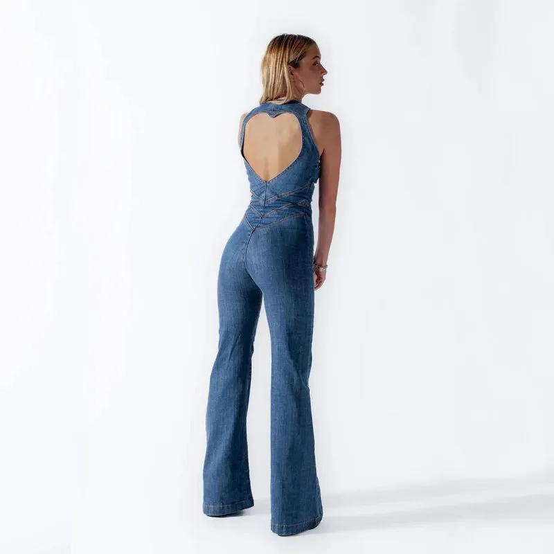 Backless Retro Style High Waist Denim Jumpsuit