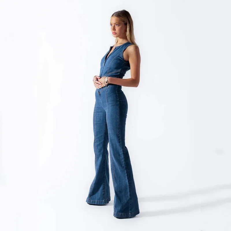 Backless Retro Style High Waist Denim Jumpsuit