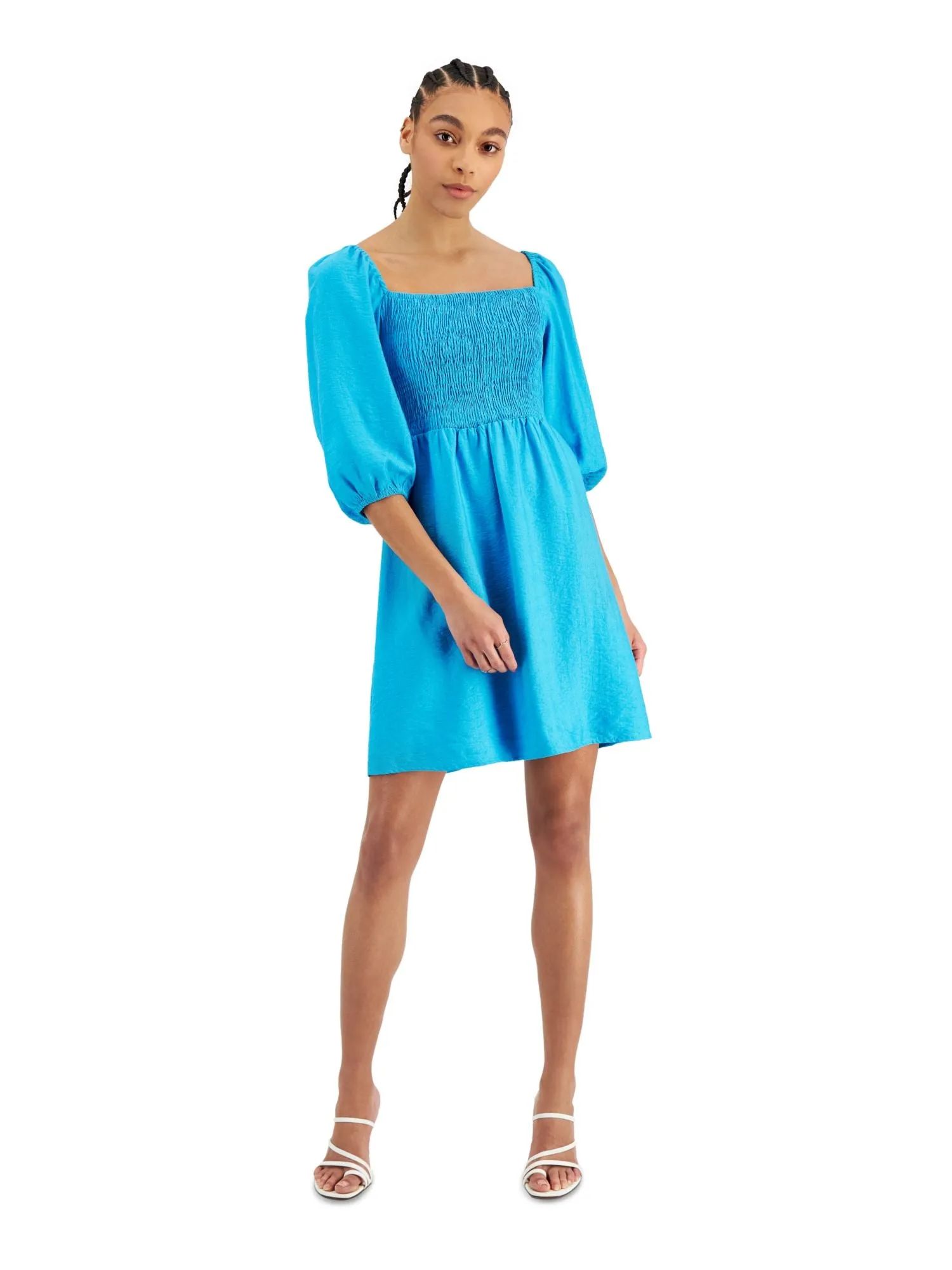 BAR III DRESSES Womens Smocked Pouf Sleeve Square Neck Above The Knee Fit   Flare Dress