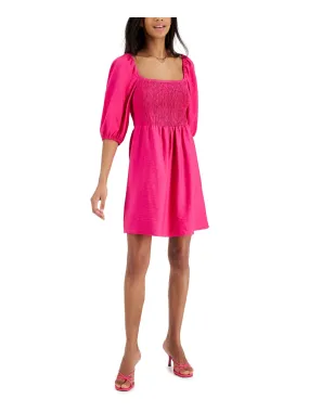 BAR III DRESSES Womens Smocked Pouf Sleeve Square Neck Above The Knee Fit   Flare Dress