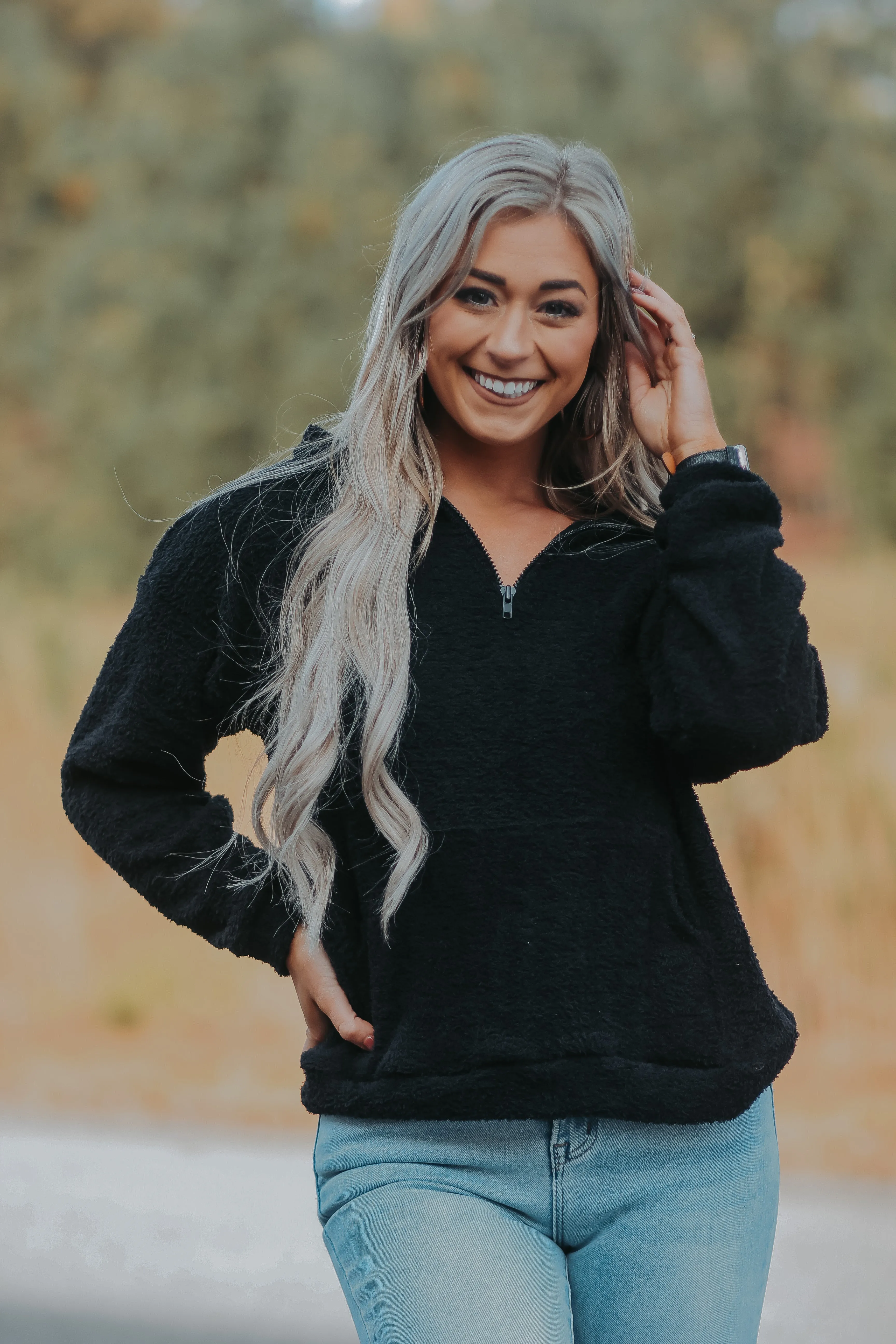 Black Fuzzy Knit Half Zip Pullover