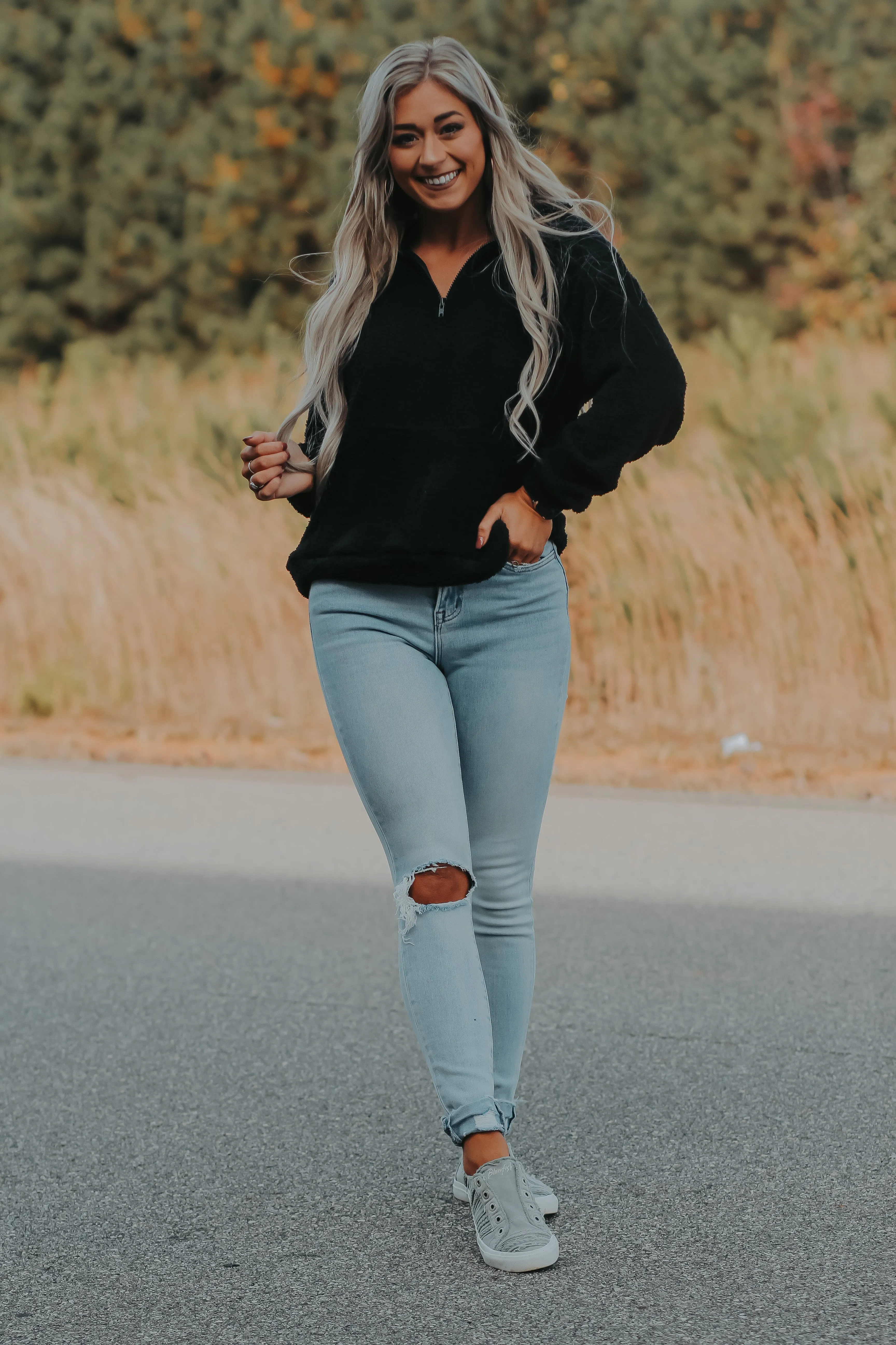 Black Fuzzy Knit Half Zip Pullover