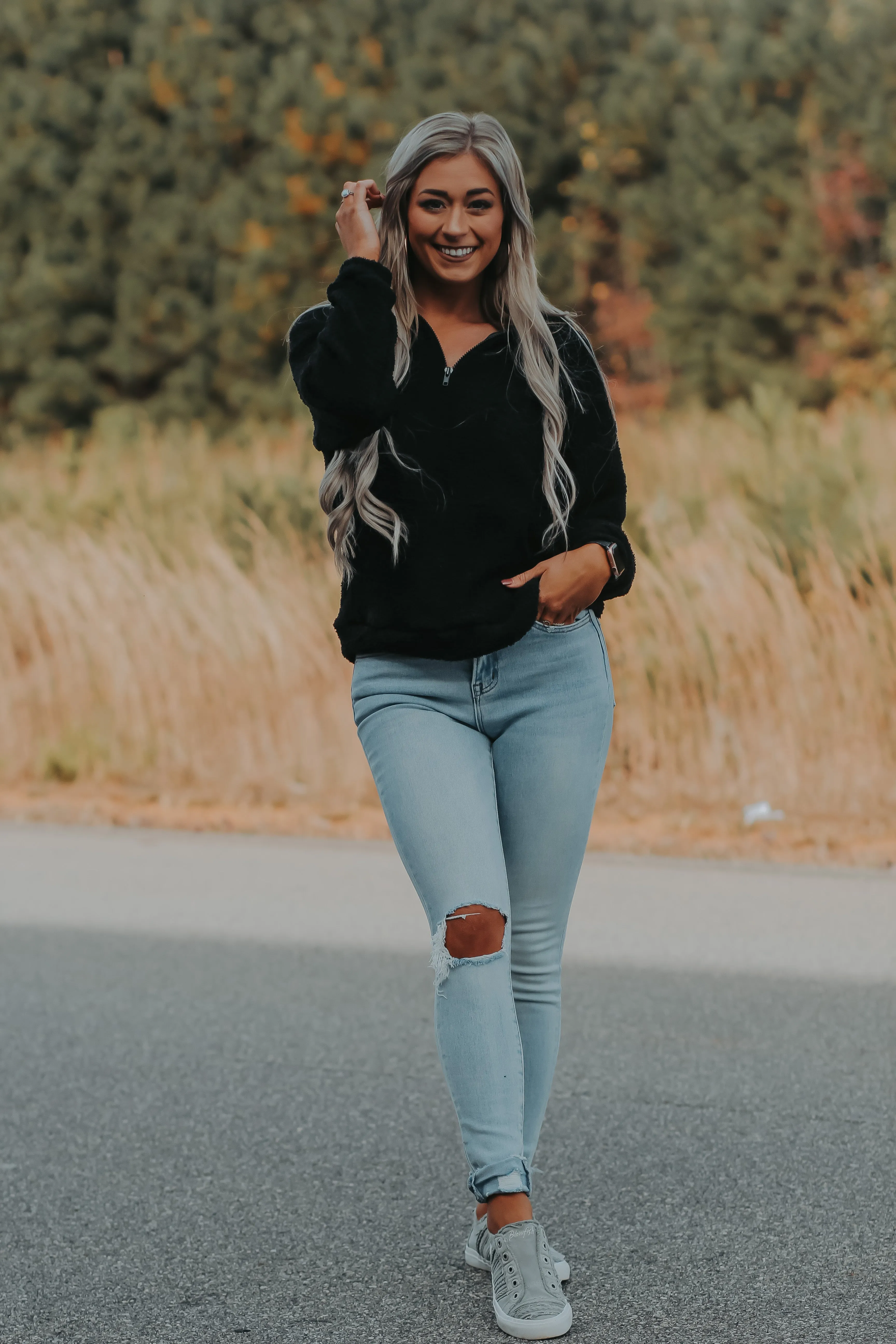 Black Fuzzy Knit Half Zip Pullover