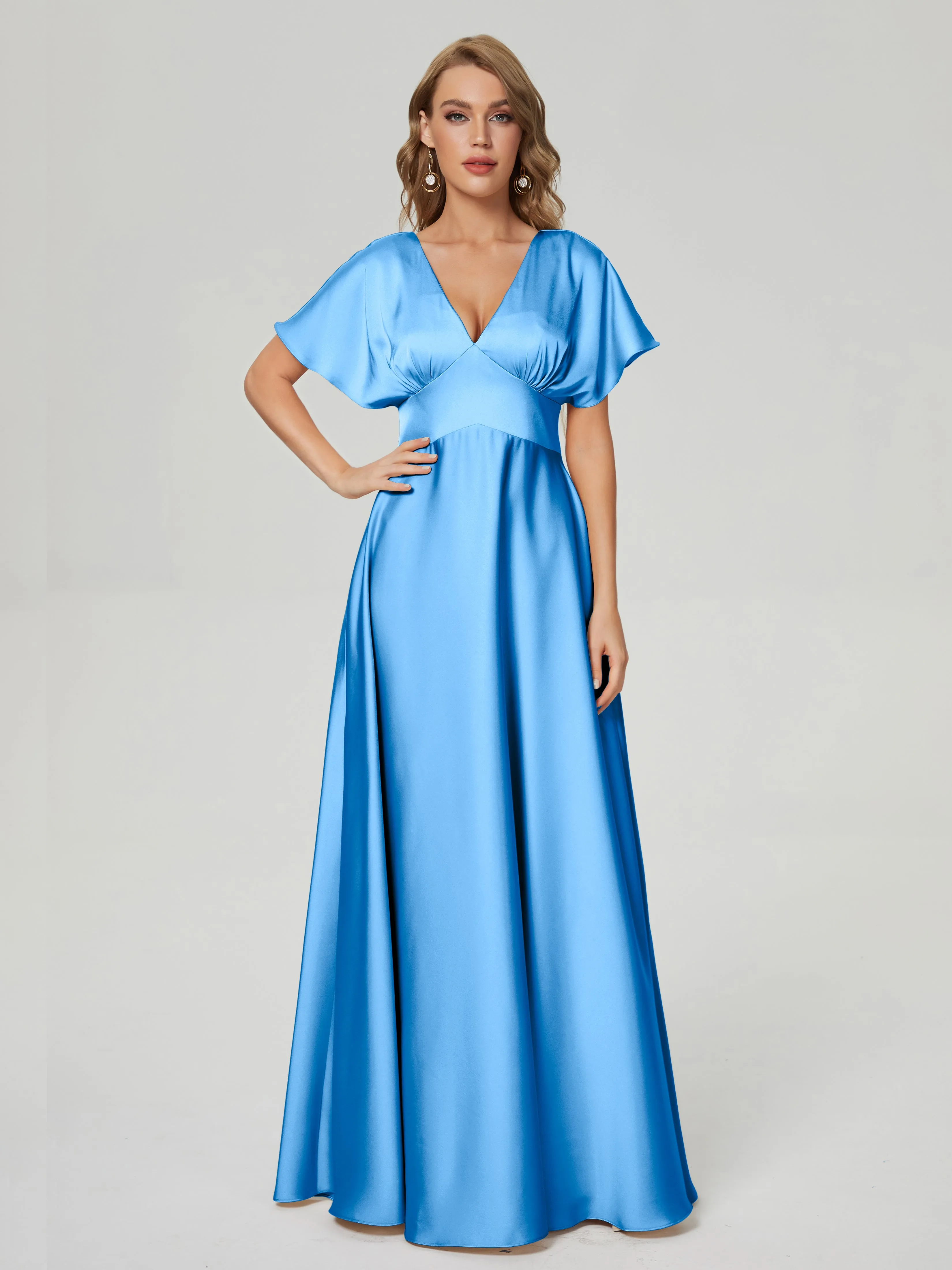 Blue Bridesmaid Dresses Ariah Modest V Neck Short Sleeves Soft Satin Dresses