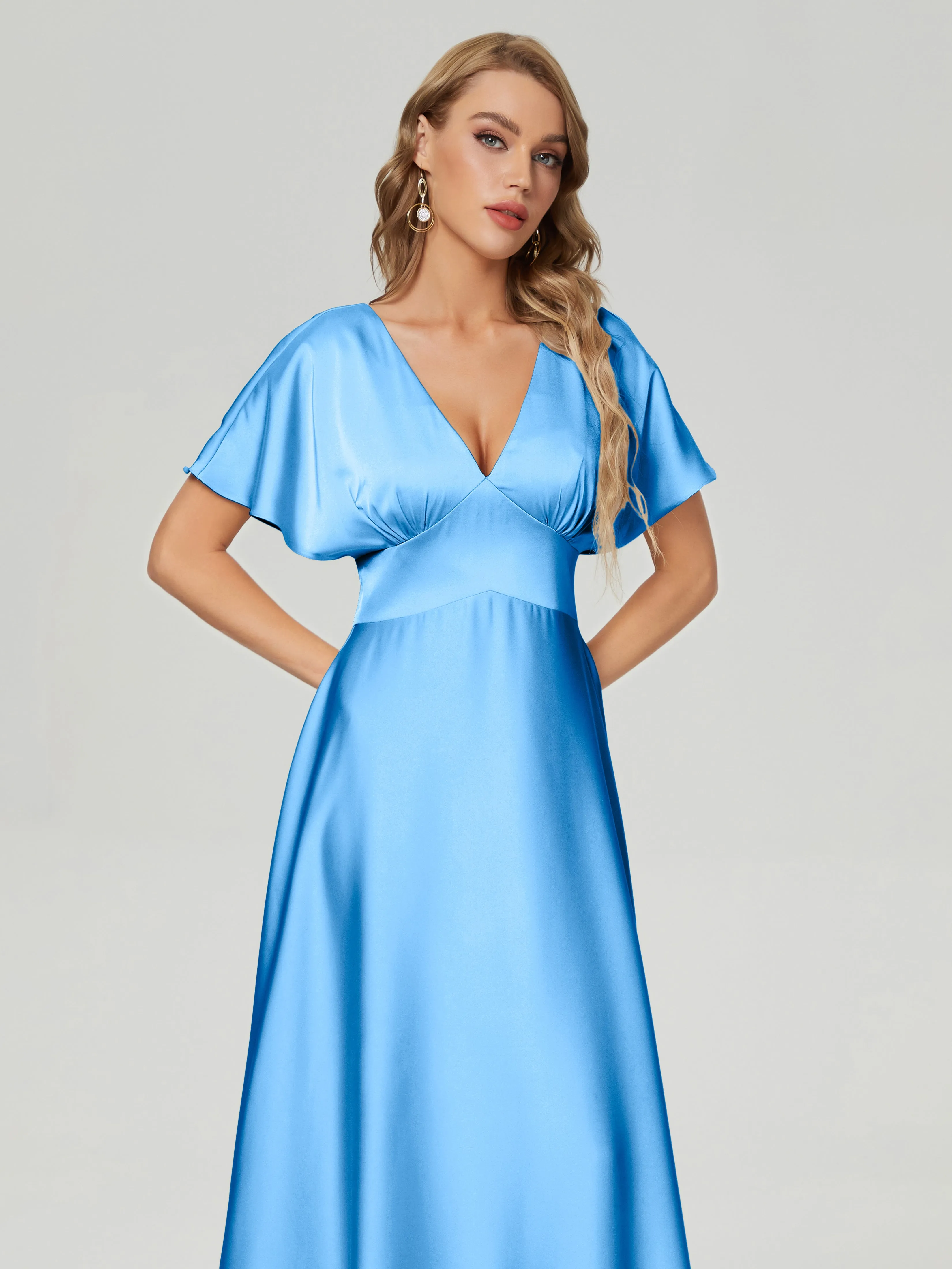 Blue Bridesmaid Dresses Ariah Modest V Neck Short Sleeves Soft Satin Dresses