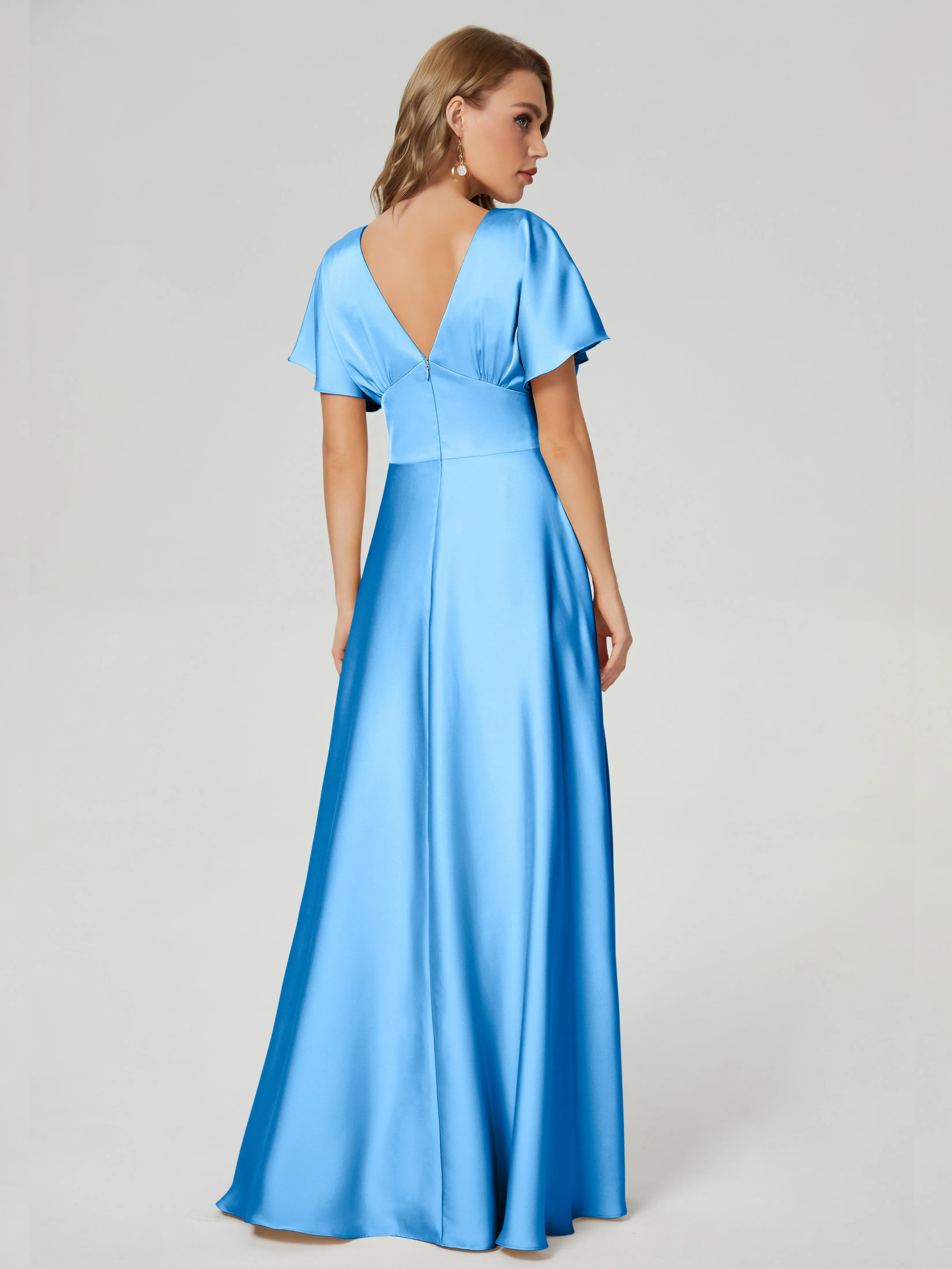 Blue Bridesmaid Dresses Ariah Modest V Neck Short Sleeves Soft Satin Dresses