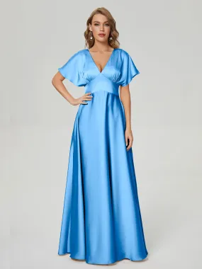 Blue Bridesmaid Dresses Ariah Modest V Neck Short Sleeves Soft Satin Dresses