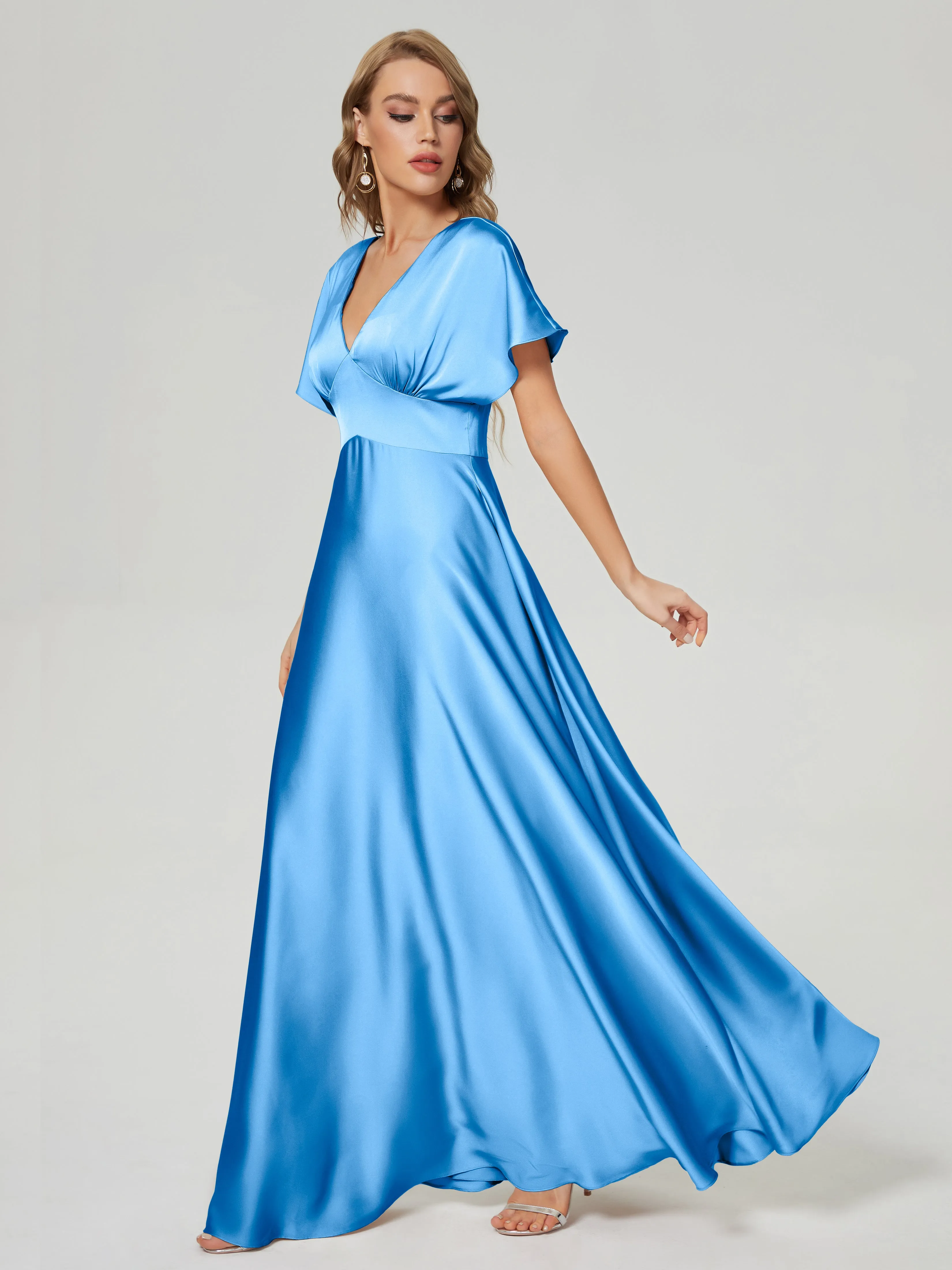 Blue Bridesmaid Dresses Ariah Modest V Neck Short Sleeves Soft Satin Dresses
