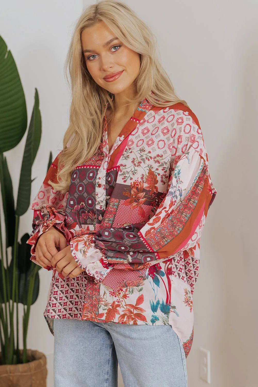 Boho Geometric Bubble Sleeve Shirt