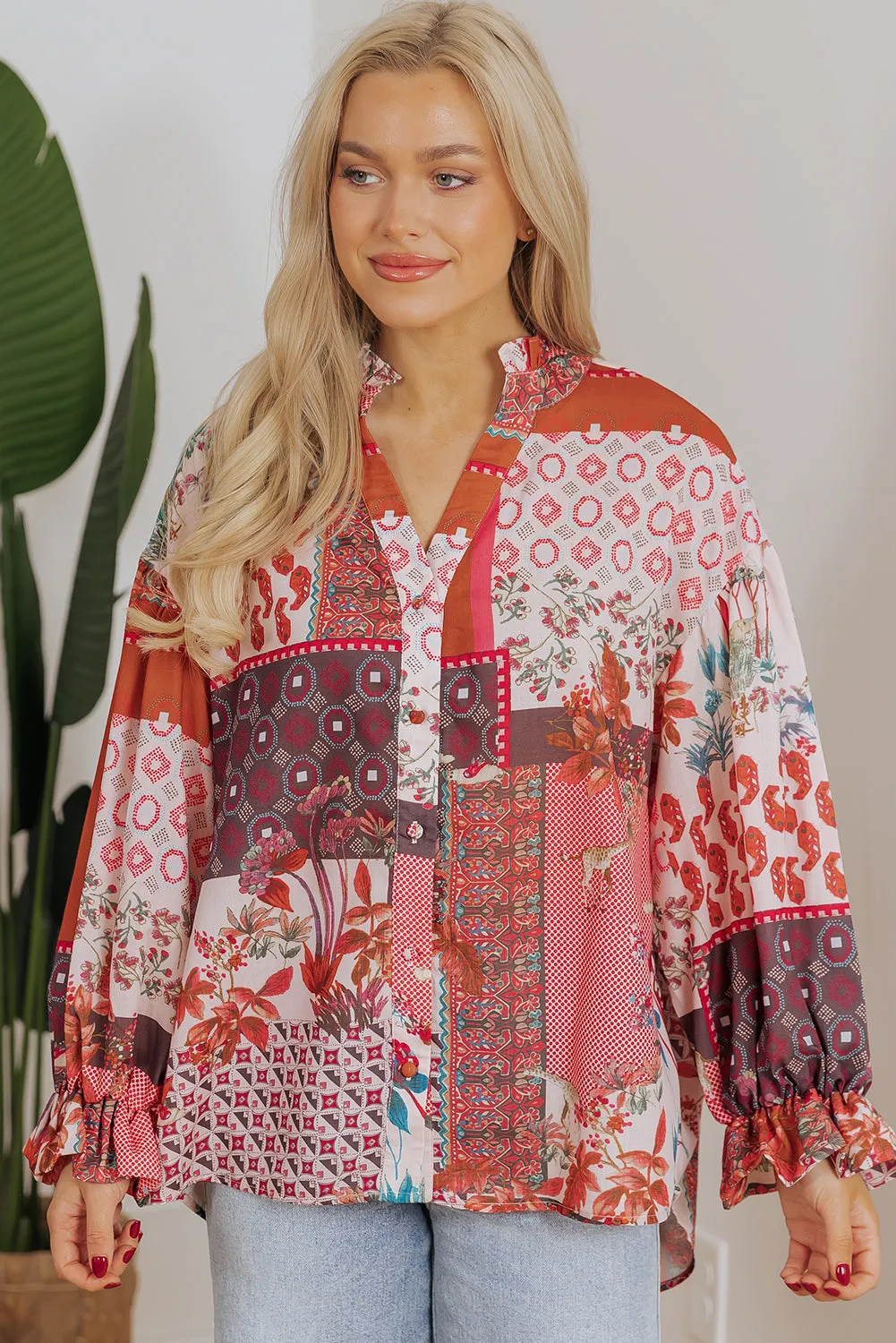 Boho Geometric Bubble Sleeve Shirt