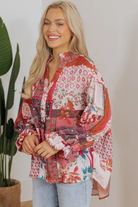 Boho Geometric Bubble Sleeve Shirt