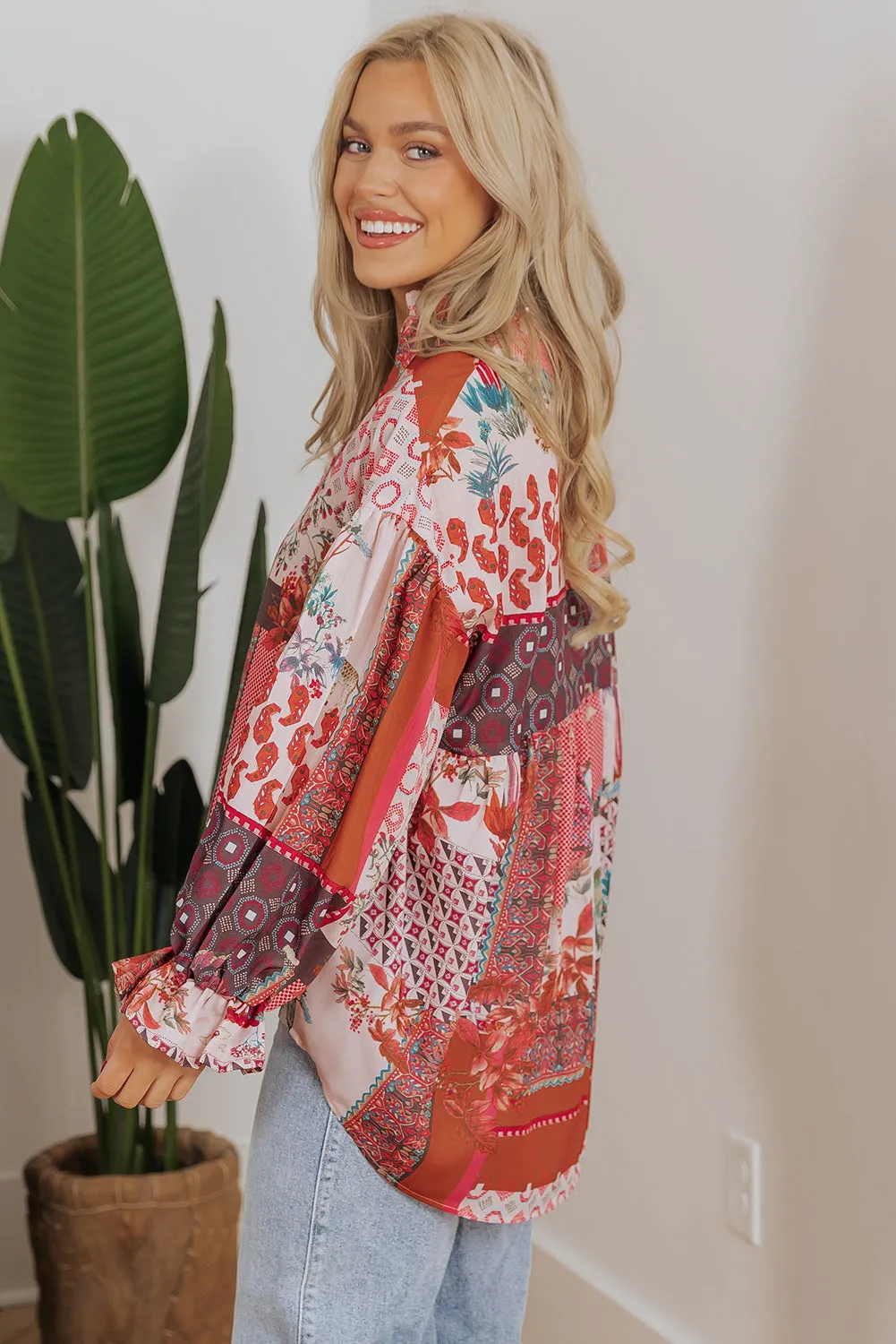 Boho Geometric Bubble Sleeve Shirt