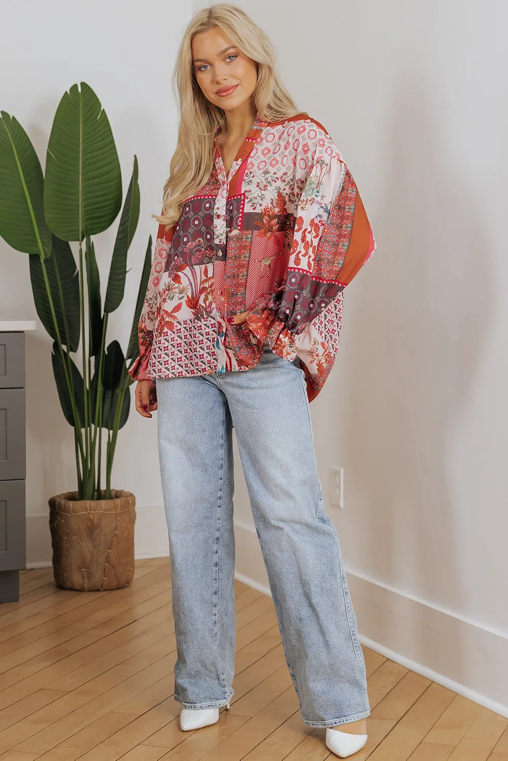 Boho Geometric Bubble Sleeve Shirt