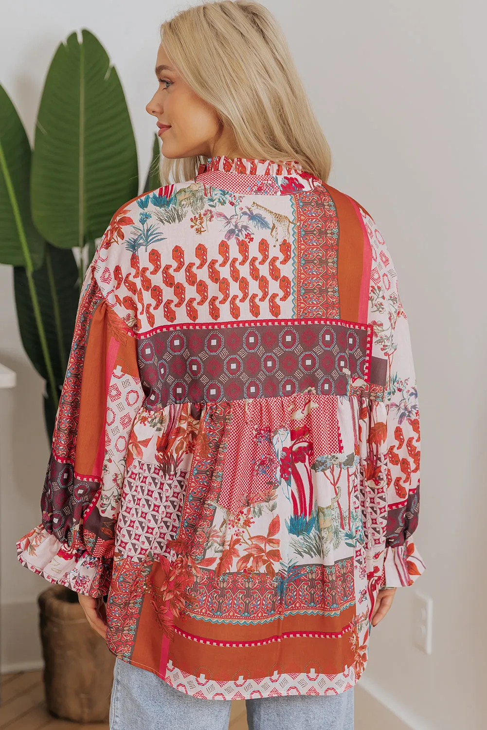 Boho Geometric Bubble Sleeve Shirt
