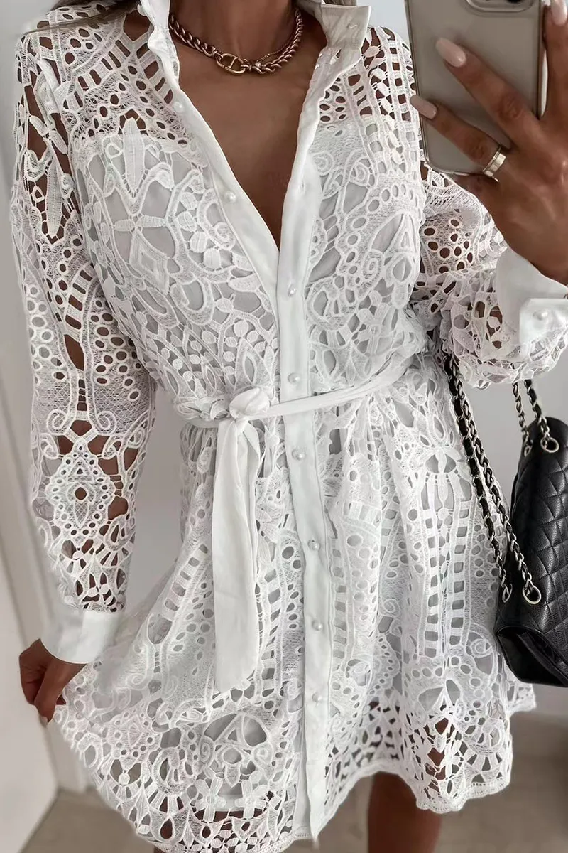 Casual & Stylish Classic Solid Lace Turndown Collar Waist Skirt Dresses(3 Colors)