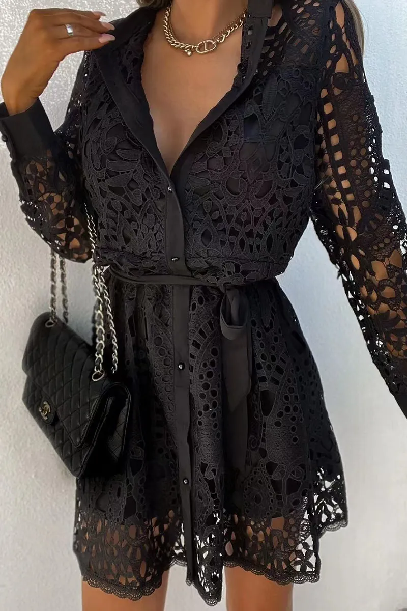 Casual & Stylish Classic Solid Lace Turndown Collar Waist Skirt Dresses(3 Colors)