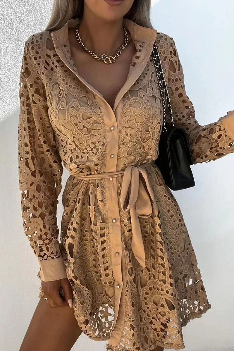 Casual & Stylish Classic Solid Lace Turndown Collar Waist Skirt Dresses(3 Colors)