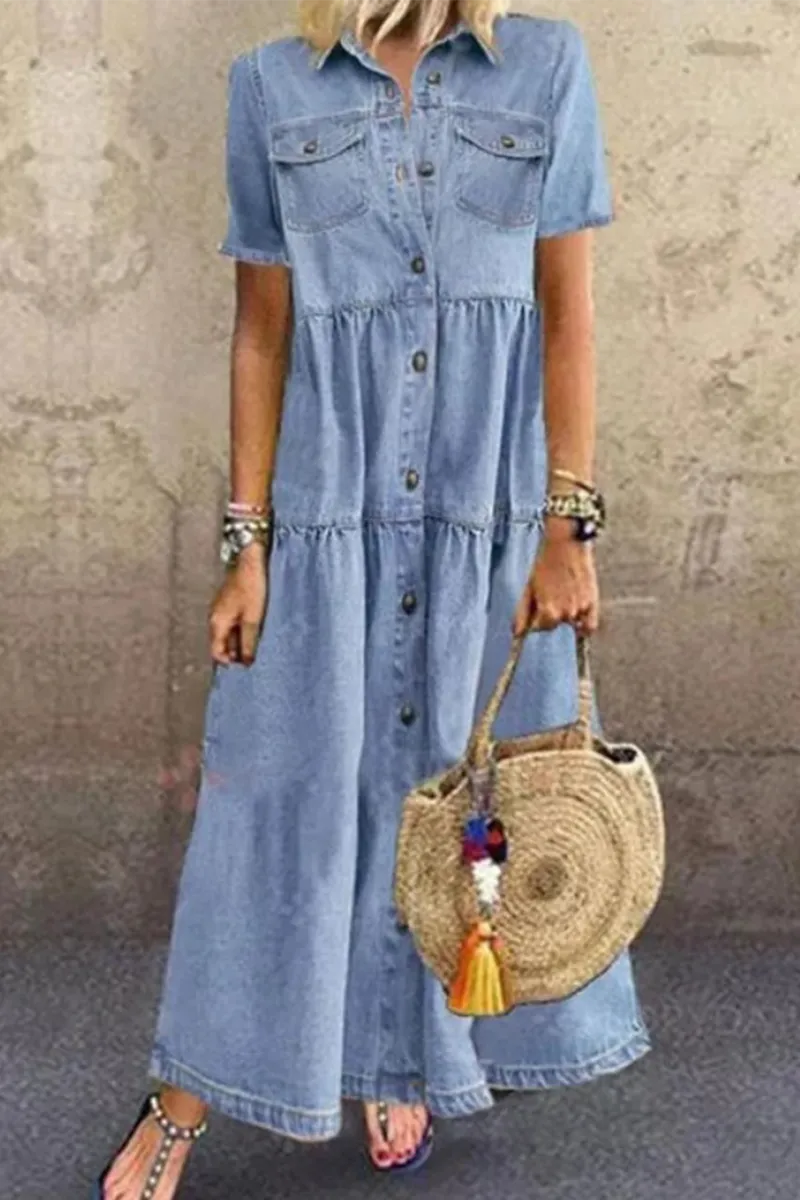 Casual & Stylish Classic Solid Split Joint Turndown Collar Straight Dresses