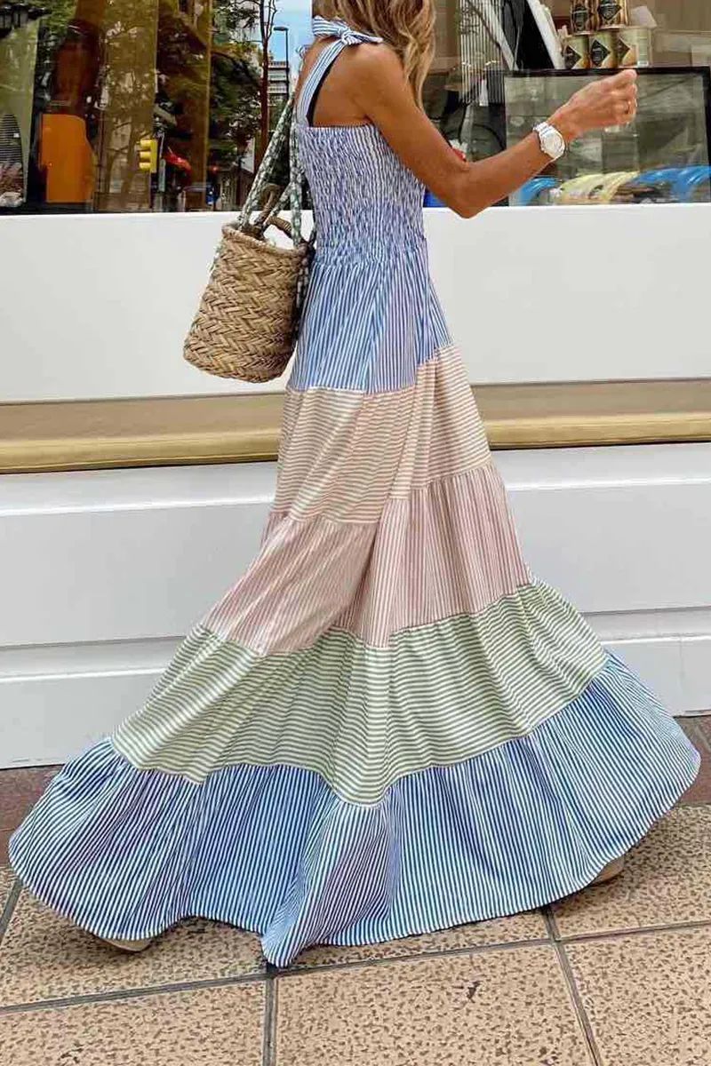 Casual & Stylish Striped Patchwork Contrast Spaghetti Strap A Line Dresses