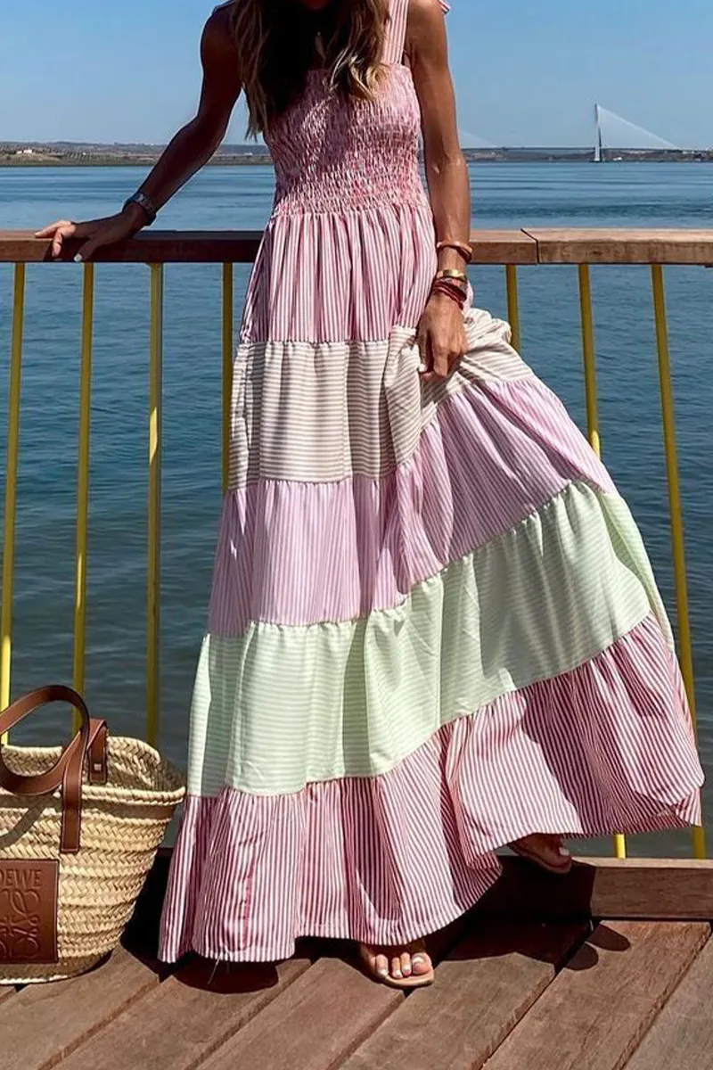 Casual & Stylish Striped Patchwork Contrast Spaghetti Strap A Line Dresses