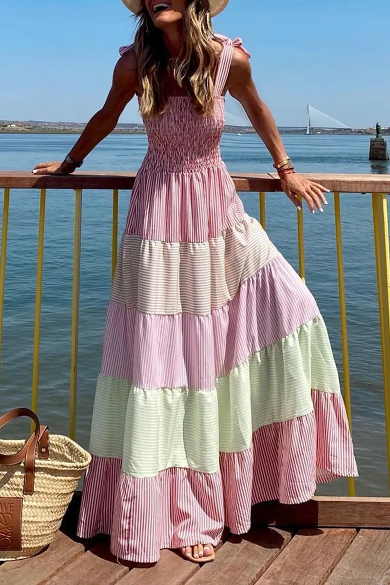 Casual & Stylish Striped Patchwork Contrast Spaghetti Strap A Line Dresses