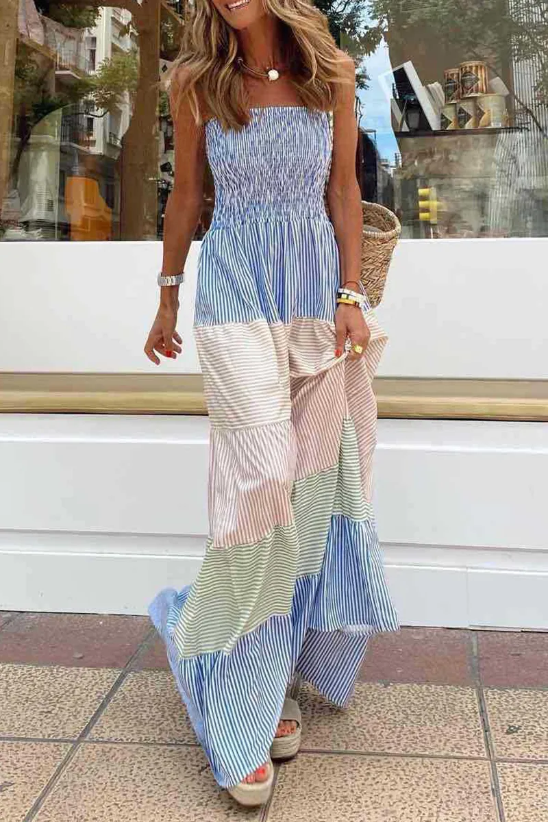 Casual & Stylish Striped Patchwork Contrast Spaghetti Strap A Line Dresses