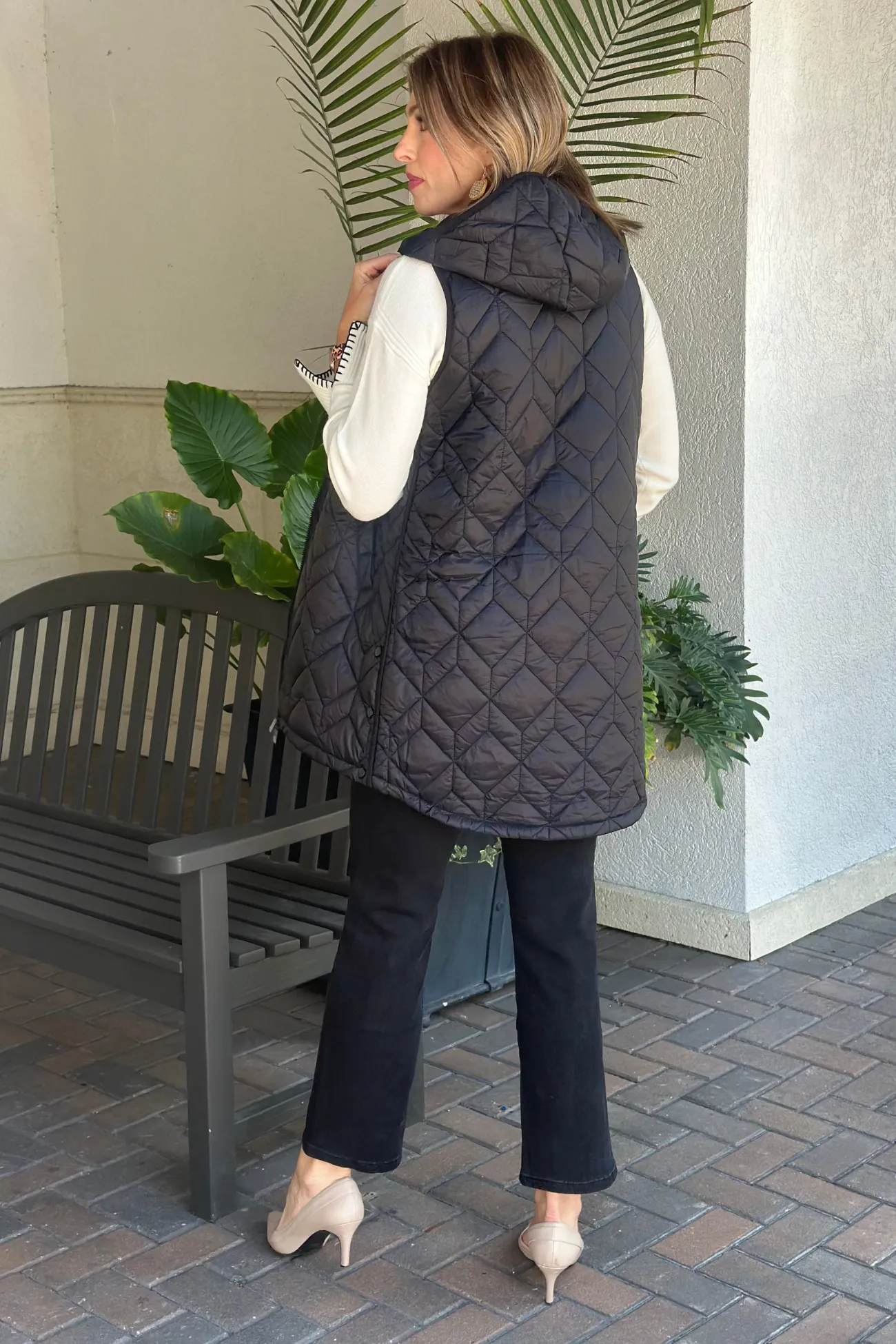 Charlie B Black Long Quilted Puffer Hood Vest
