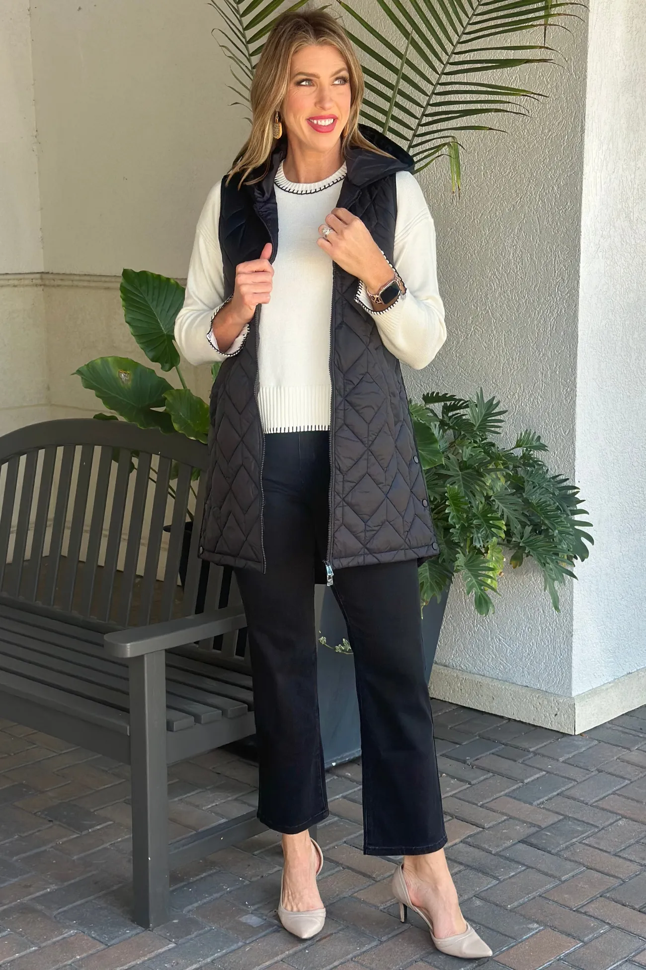 Charlie B Black Long Quilted Puffer Hood Vest