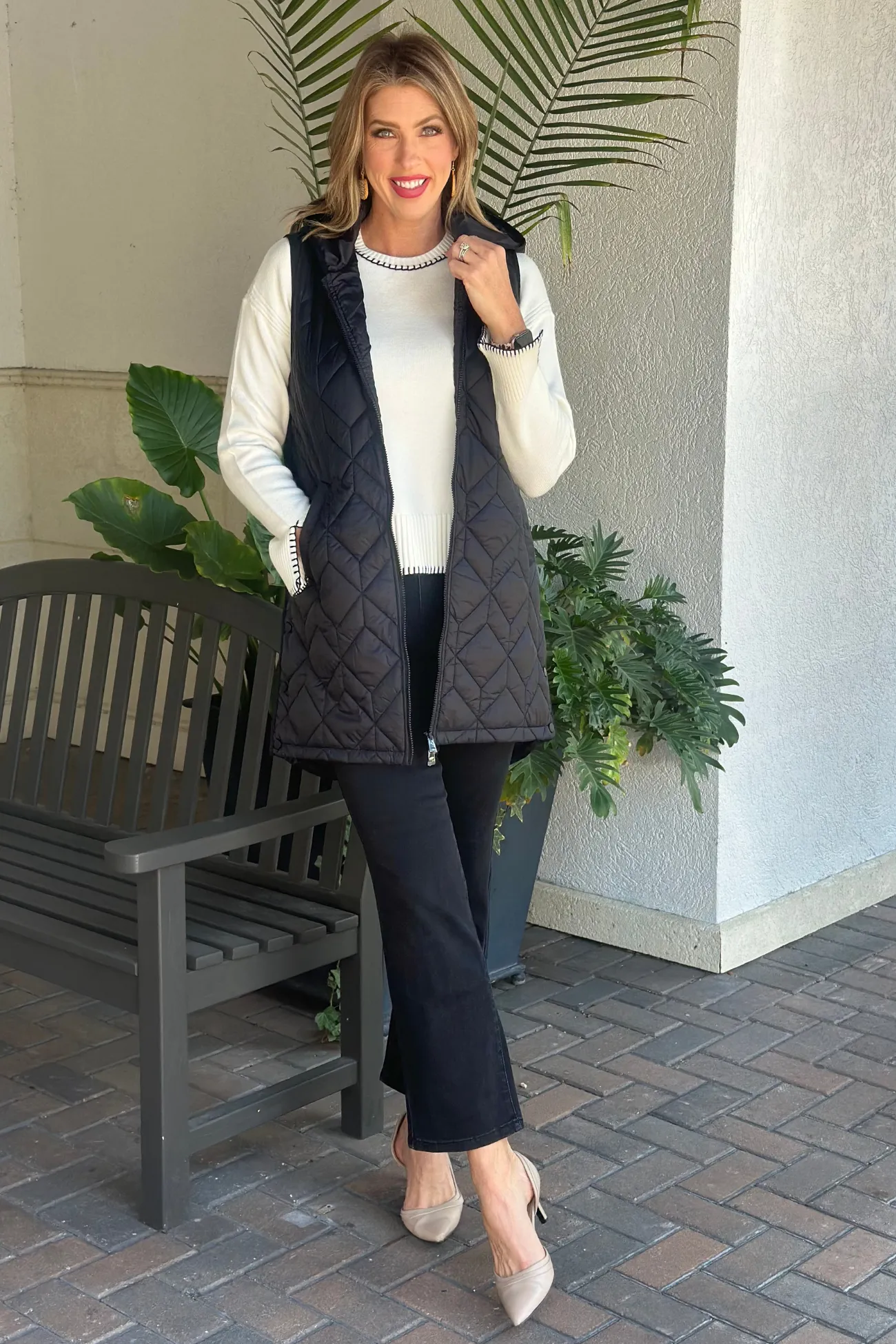 Charlie B Black Long Quilted Puffer Hood Vest