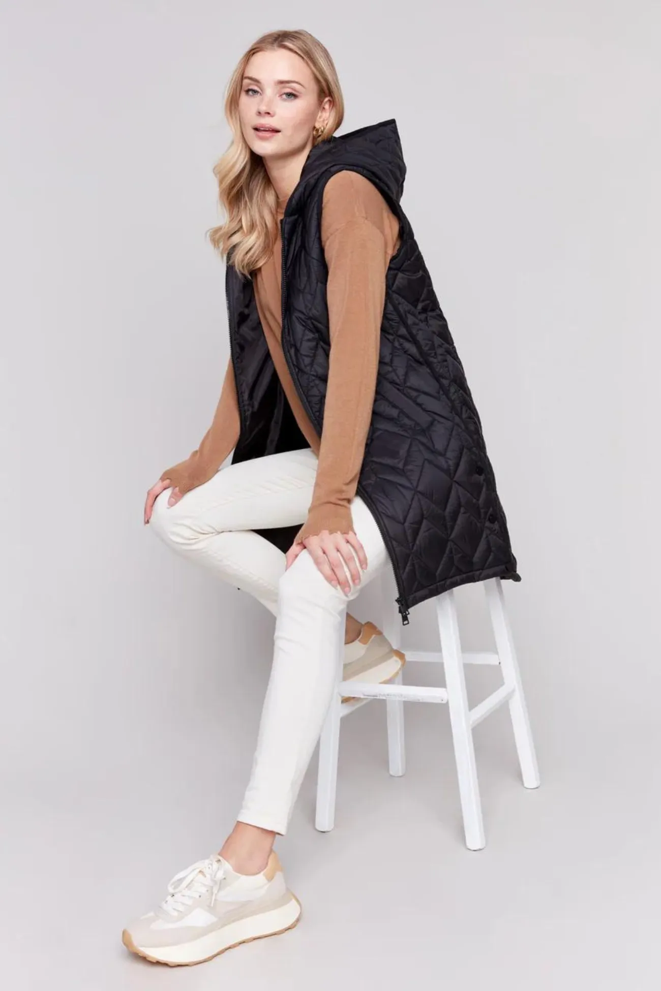 Charlie B Black Long Quilted Puffer Hood Vest