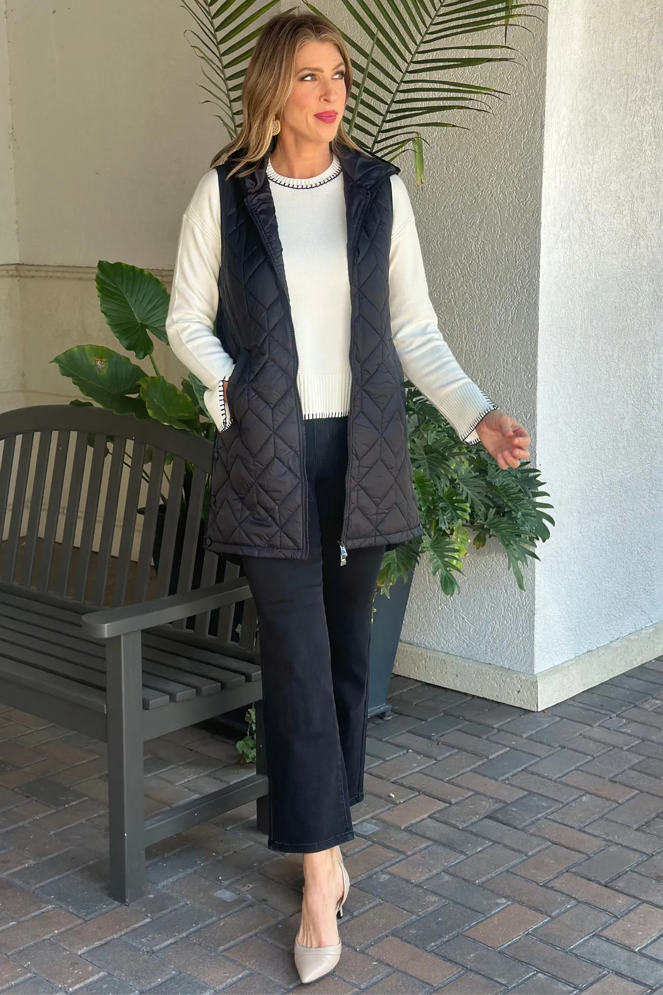 Charlie B Black Long Quilted Puffer Hood Vest