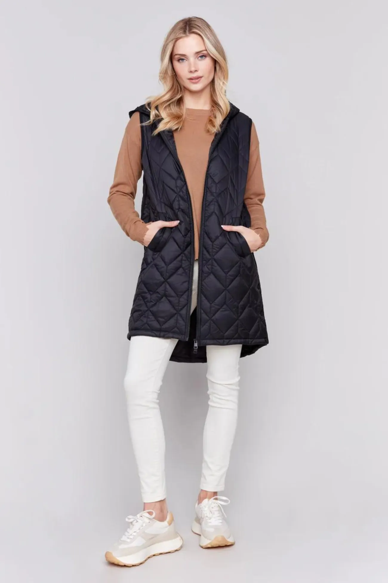 Charlie B Black Long Quilted Puffer Hood Vest