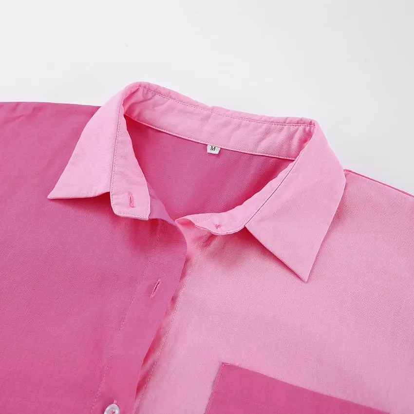 Cotton and Linen Pink Loose-Fit Long-Sleeve Shirt with Turn-Down Collar for Women