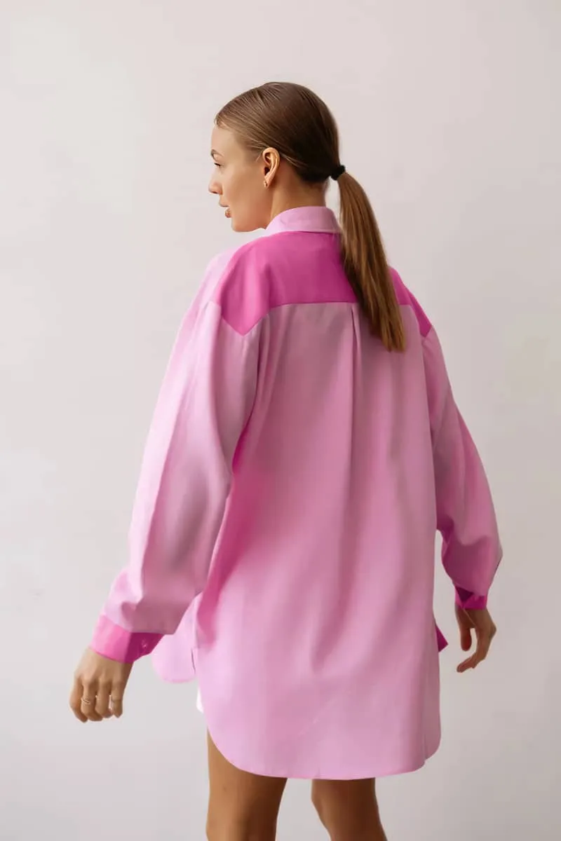 Cotton and Linen Pink Loose-Fit Long-Sleeve Shirt with Turn-Down Collar for Women