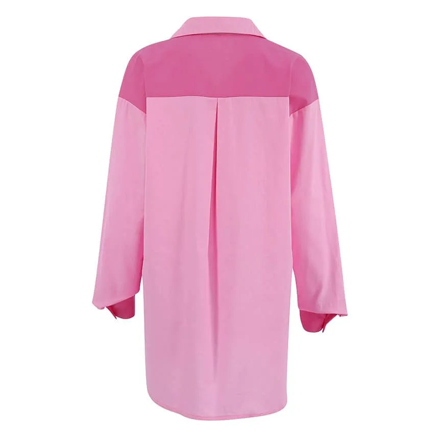Cotton and Linen Pink Loose-Fit Long-Sleeve Shirt with Turn-Down Collar for Women