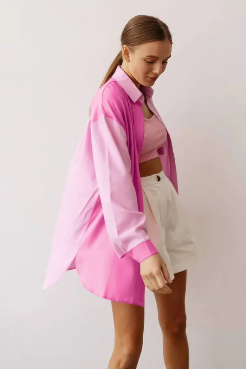 Cotton and Linen Pink Loose-Fit Long-Sleeve Shirt with Turn-Down Collar for Women