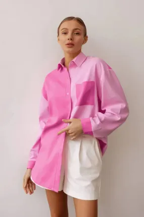 Cotton and Linen Pink Loose-Fit Long-Sleeve Shirt with Turn-Down Collar for Women