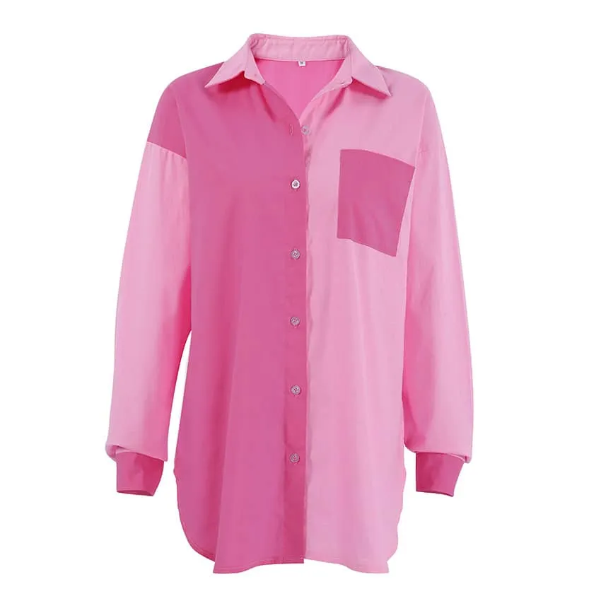 Cotton and Linen Pink Loose-Fit Long-Sleeve Shirt with Turn-Down Collar for Women