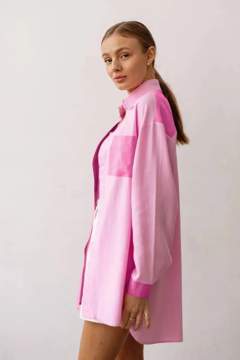 Cotton and Linen Pink Loose-Fit Long-Sleeve Shirt with Turn-Down Collar for Women