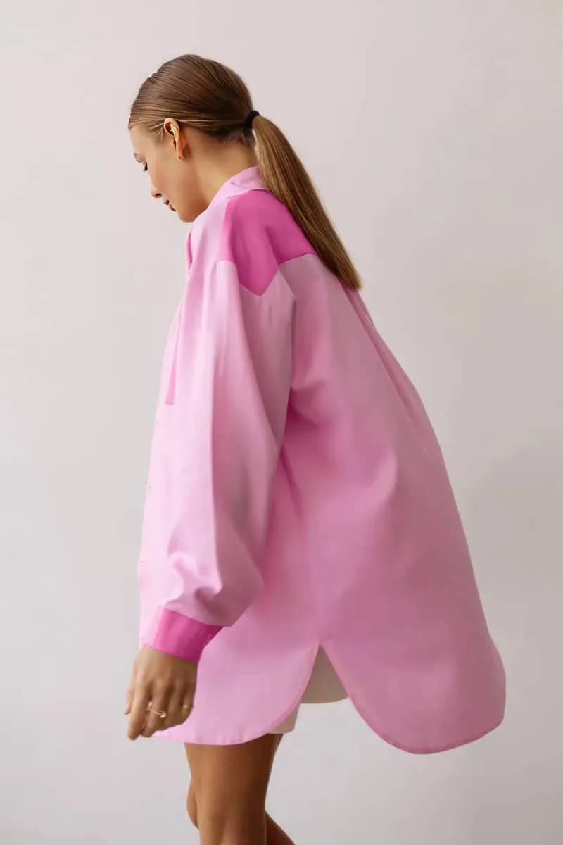Cotton and Linen Pink Loose-Fit Long-Sleeve Shirt with Turn-Down Collar for Women