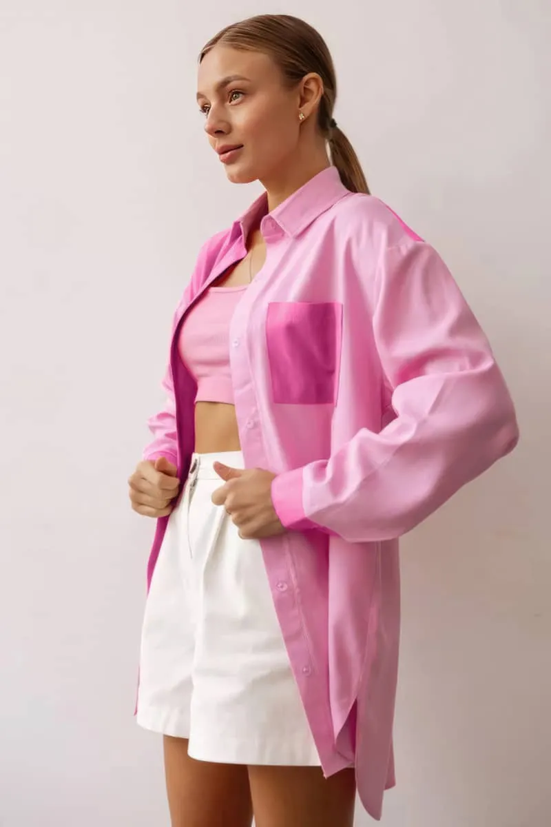 Cotton and Linen Pink Loose-Fit Long-Sleeve Shirt with Turn-Down Collar for Women
