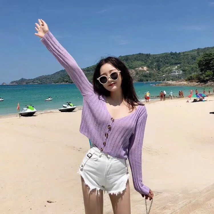 Creative Sunscreen Bare Belly Matching Knitted Cardigan Women Trendy Sweater Outerwear