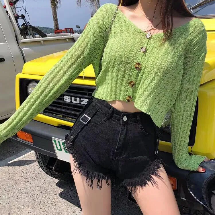 Creative Sunscreen Bare Belly Matching Knitted Cardigan Women Trendy Sweater Outerwear